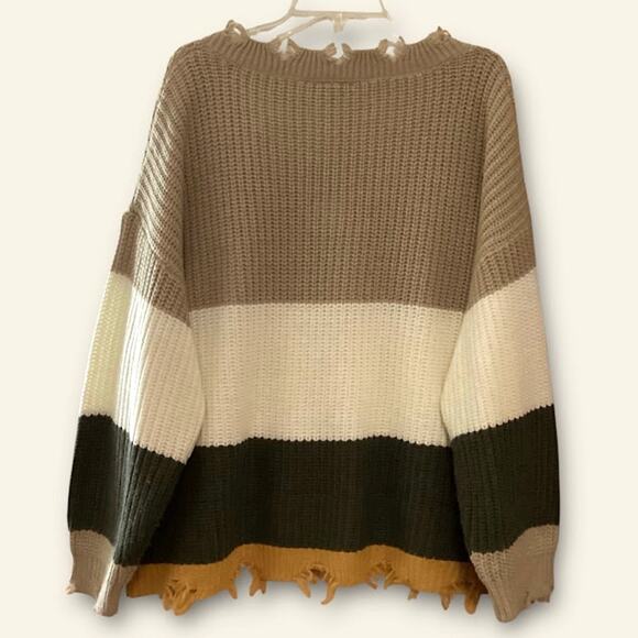 Derek Heart Scarecrow Knit Sweater Women's 3X V-neck Neutrals Color Block - Picture 3 of 11